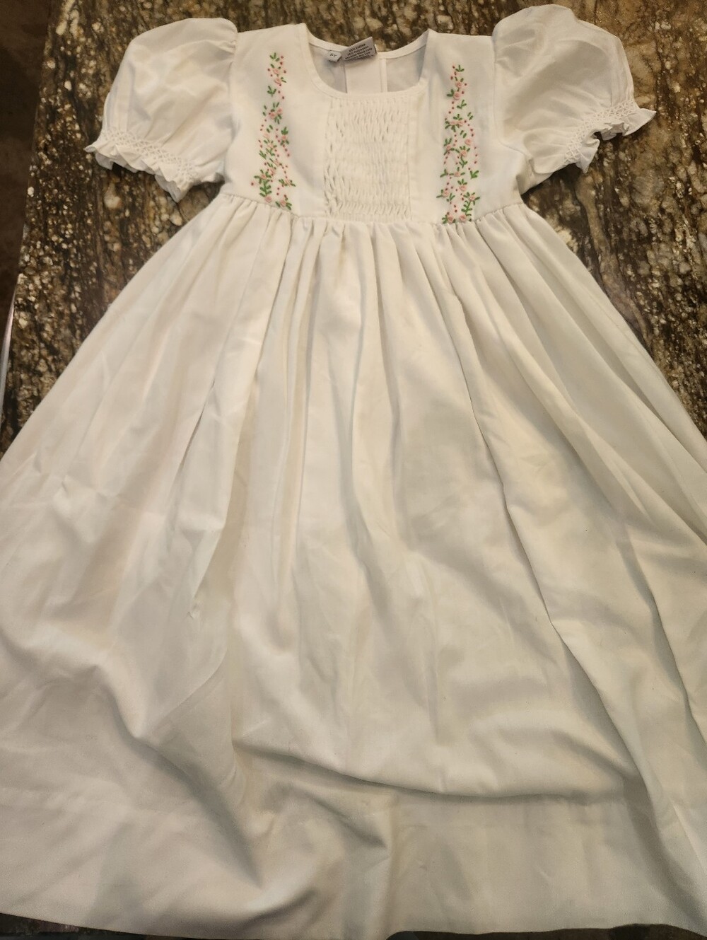 Sweet Dreams White Smocked Floral Trim Girls Dress